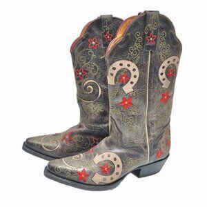 S O L D  NEW⭐Leather Boots Lady's Size 6.5 (Lucky Horse Shoe / Country Western)